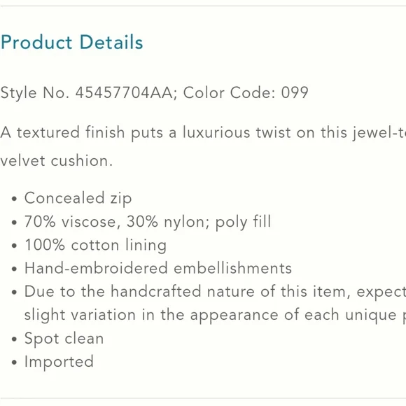 Anthropologie Velvet Nobel Pillow - teal